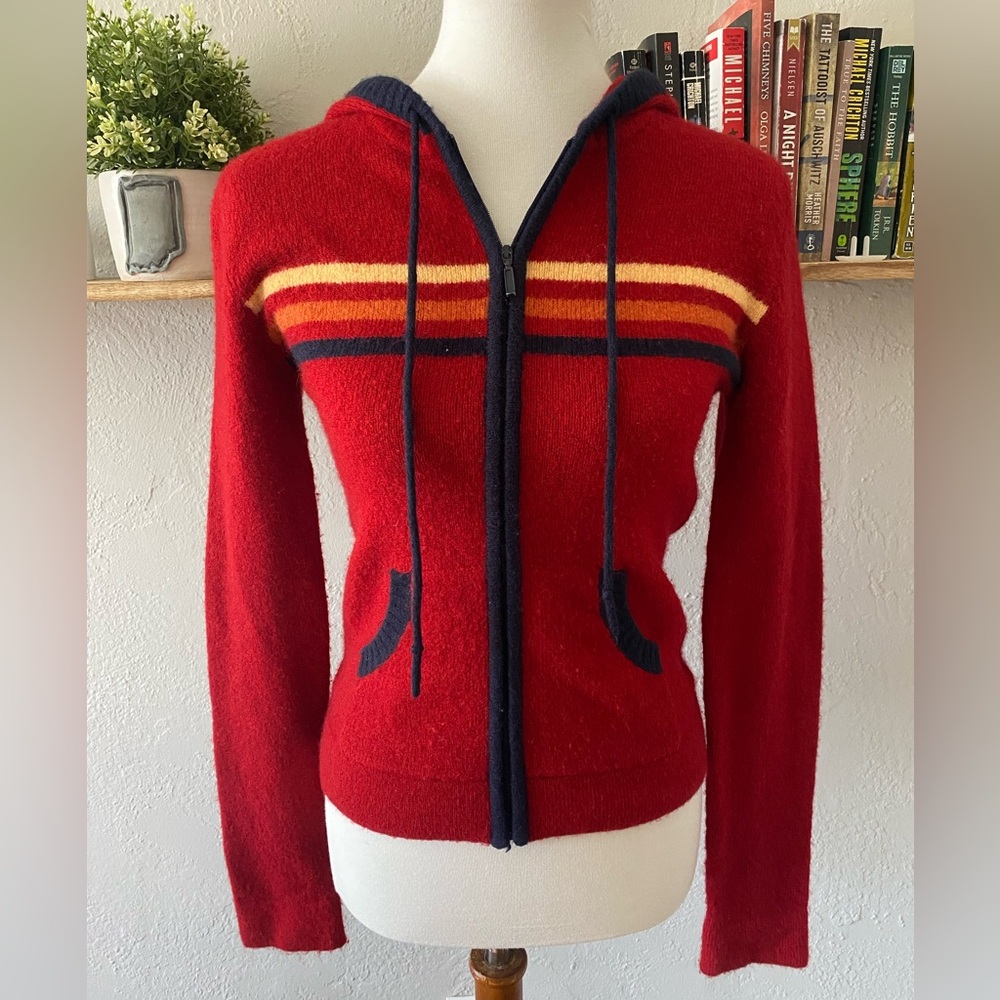 Tilt Red 70s-Style Striped Aviator Retro Surfer Grunge Street Full Zip Hoodie M